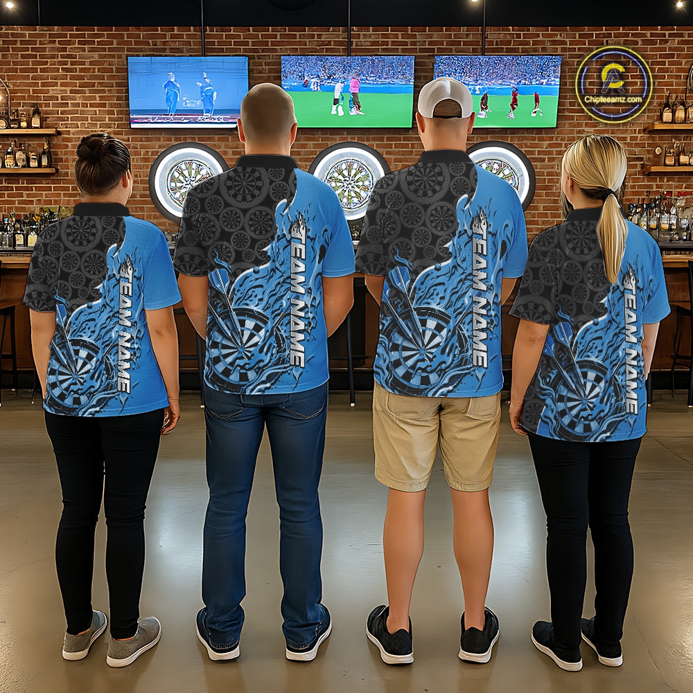 Custom Black And Blue Flame Dartboard Dart Jerseys, Dartboard Pattern Darts Tournament Team Shirts IPHW10417