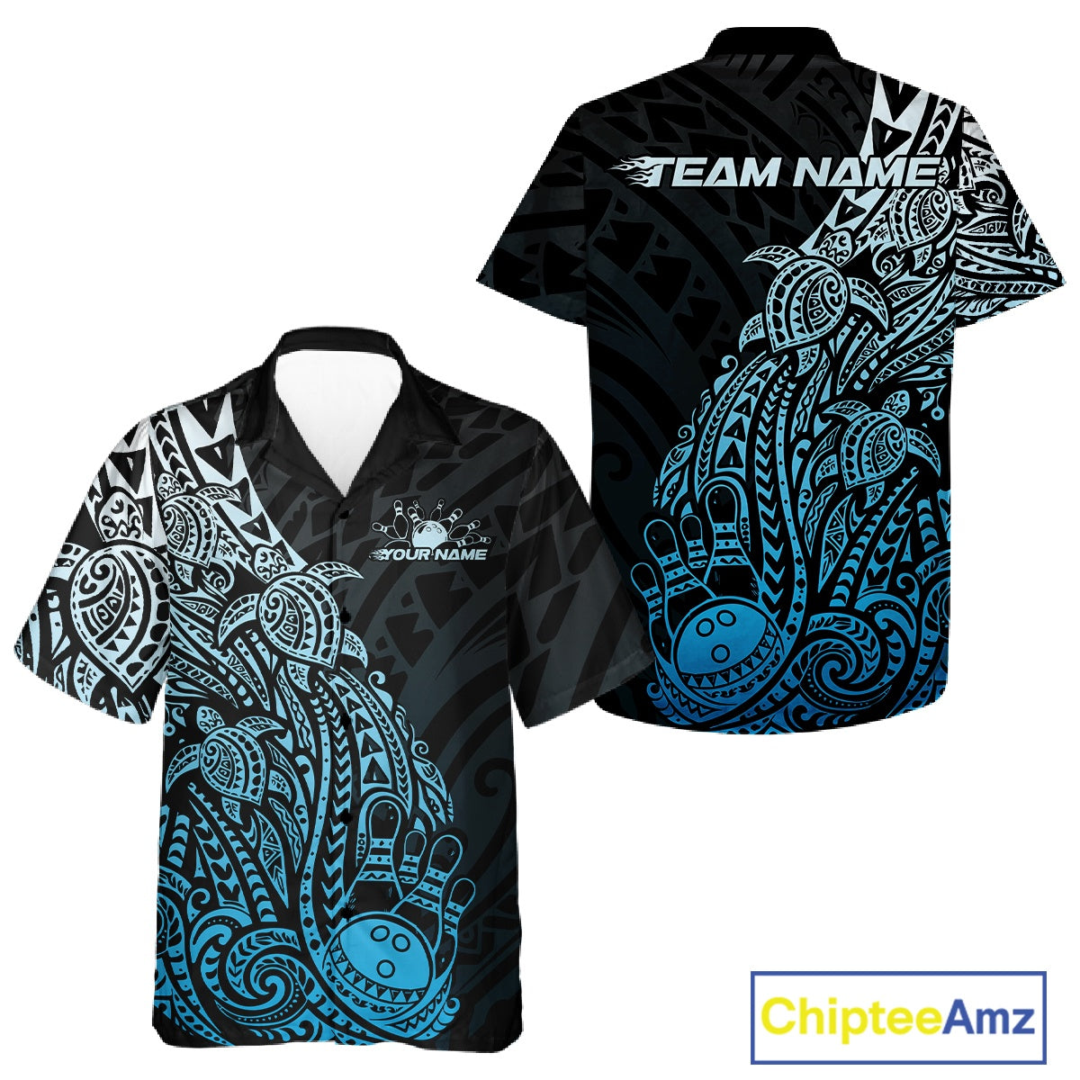 Front and back views of a black and blue button-up bowling shirt featuring bowling ball and pin artwork surrounded by turtle-inspired tribal patterns.