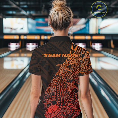 Back view of a female model in a black and red orange bowling polo shirt showcasing Polynesian-style bowling artwork.
