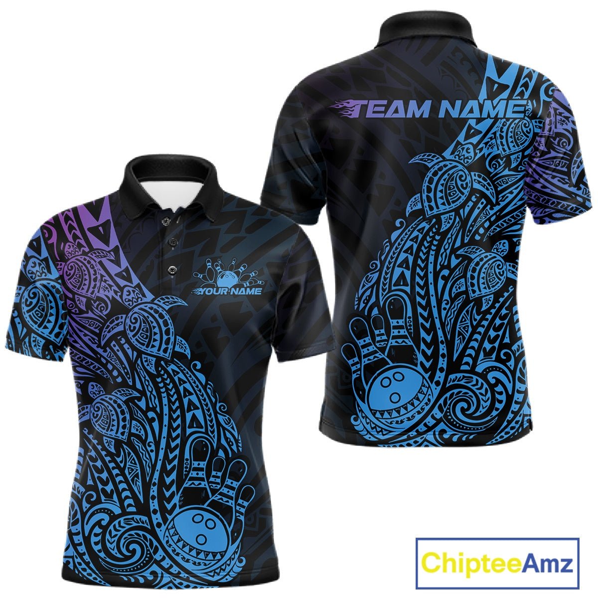 Front and back views of a black, blue, and purple mens bowling polo shirt featuring bowling ball and pin artwork surrounded by tribal swirls and turtle Polynesian patterns.