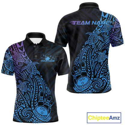 Front and back views of a black, blue, and purple mens bowling polo shirt featuring bowling ball and pin artwork surrounded by tribal swirls and turtle Polynesian patterns.