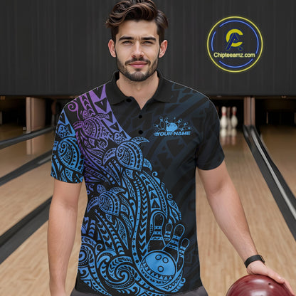 Male model wearing a black, blue, and purple bowling polo shirt at the bowling lane with Polynesian-inspired bowling graphics and tribal accents.