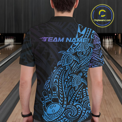 Back view of a male model in a black, blue, and purple bowling polo shirt showcasing turtle-themed bowling artwork and flowing tribal swirls.