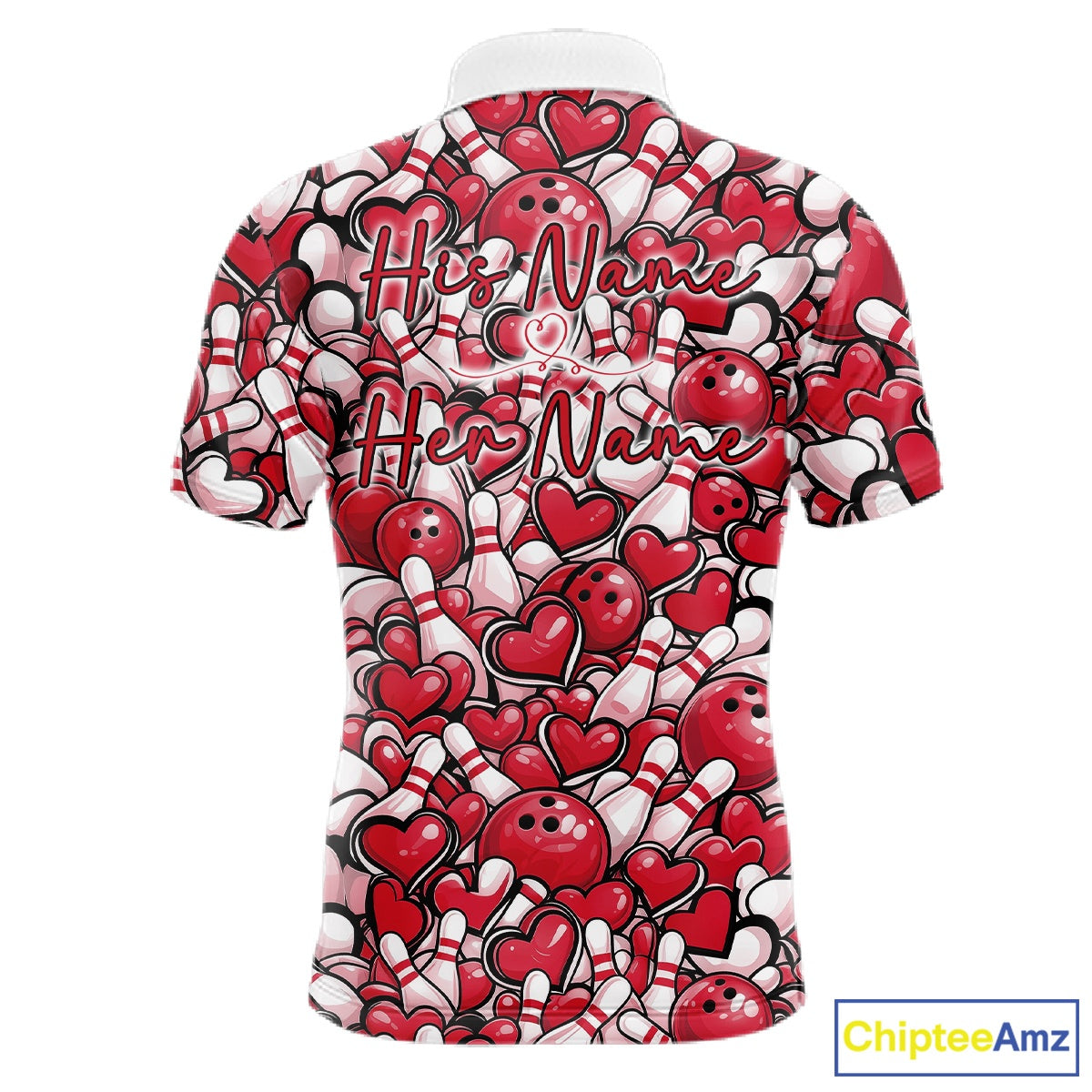 Custom Red Heart Theme Valentine Bowling Couple Shirt, Love Bowling Jerseys With His Name And Her Name IPHW10477