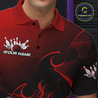 Custom Black And Red Flame Bowling Team Men Polo Shirt, Bowling Tournament Shirt IPHW9868