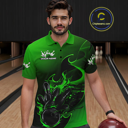 Custom Black And Green Flame Bowling Team Men Polo Shirt, Bowling Tournament Shirt IPHW9870