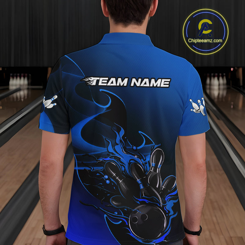 Custom Black And Blue Flame Bowling Team Men Polo Shirt, Bowling Tournament Shirt IPHW9871