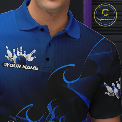 Custom Black And Blue Flame Bowling Team Men Polo Shirt, Bowling Tournament Shirt IPHW9871