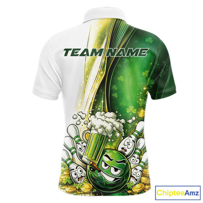 Custom Funny St Patricks Party Beer Bowling Team Shirts, Green Shamrock And Gold Coin Bowling Jerseys IPHW10522