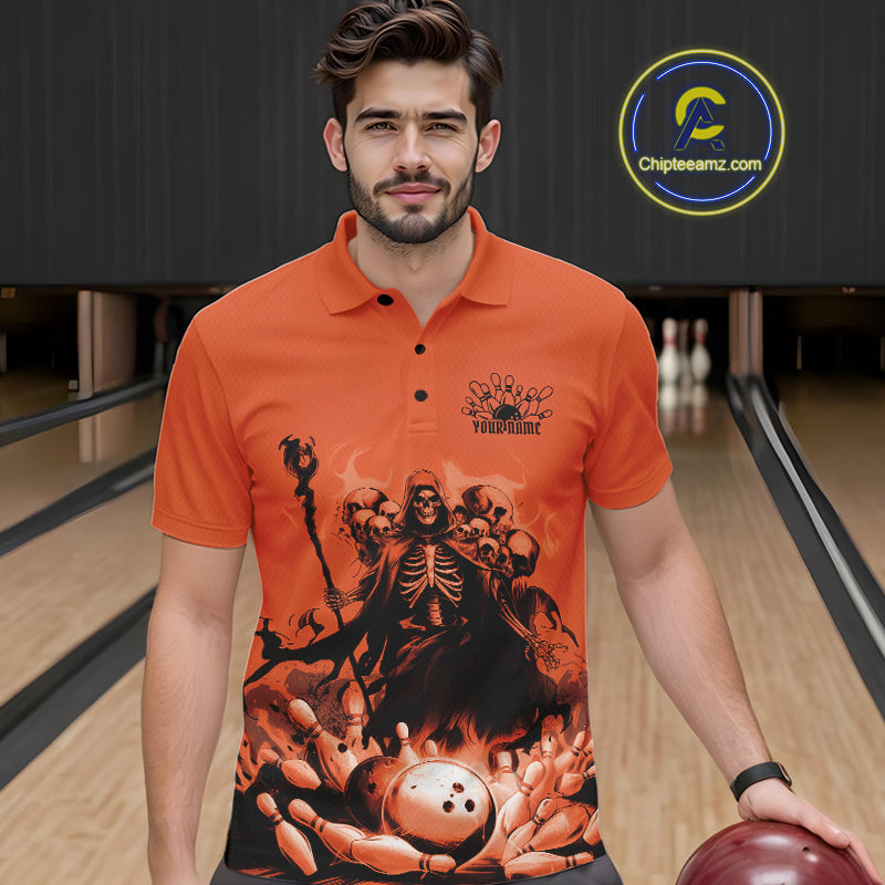 Custom Orange Flame Grim Reaper Bowling Men Polo Shirts, Piles Of Skull Halloween Outfit IPHW9898