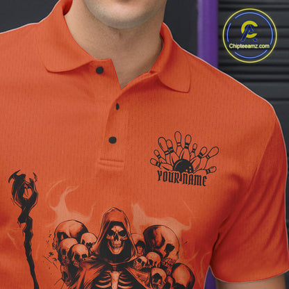Custom Orange Flame Grim Reaper Bowling Men Polo Shirts, Piles Of Skull Halloween Outfit IPHW9898