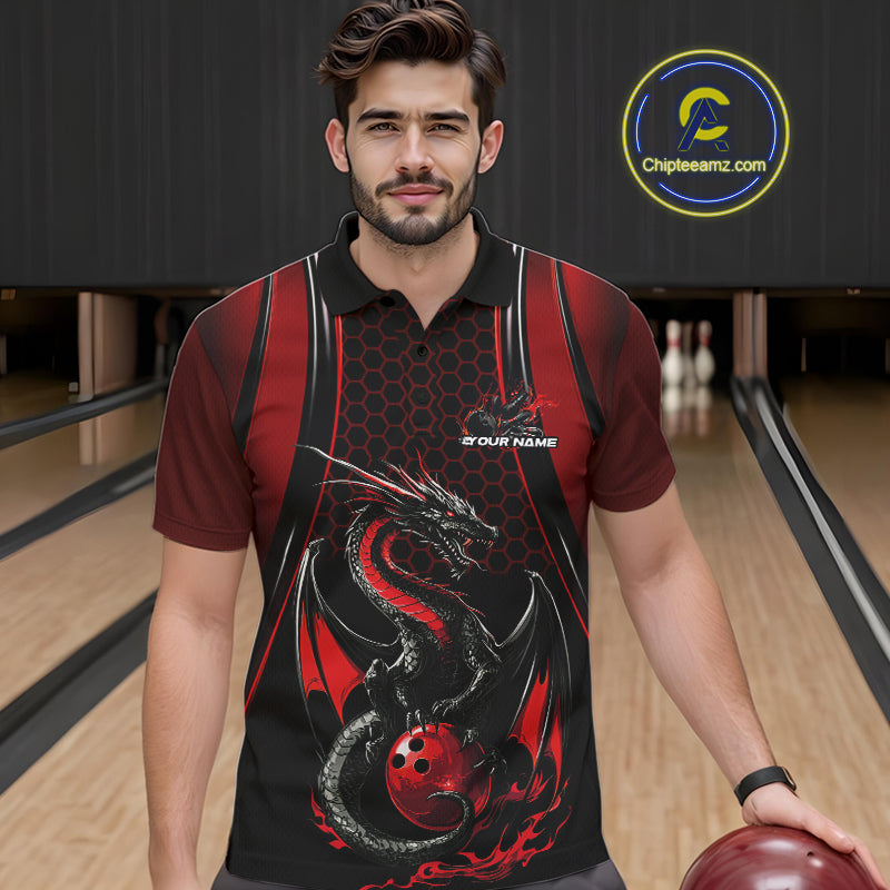 Custom Black And Red Flame Dragon Bowling Jerseys, Dragon Bowling Team Men Polo Shirt IPHW9905