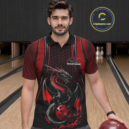 Custom Black And Red Flame Dragon Bowling Jerseys, Dragon Bowling Team Men Polo Shirt IPHW9905