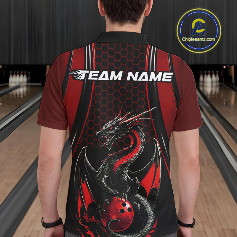 Custom Black And Red Flame Dragon Bowling Jerseys, Dragon Bowling Team Men Polo Shirt IPHW9905