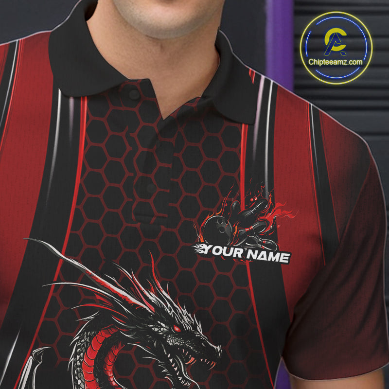 Custom Black And Red Flame Dragon Bowling Jerseys, Dragon Bowling Team Men Polo Shirt IPHW9905