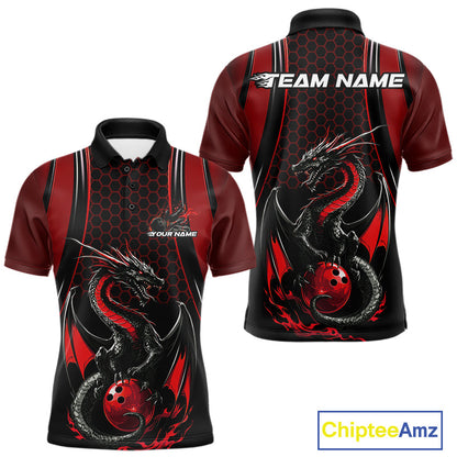 Custom Black And Red Flame Dragon Bowling Jerseys, Dragon Bowling Team Men Polo Shirt IPHW9905