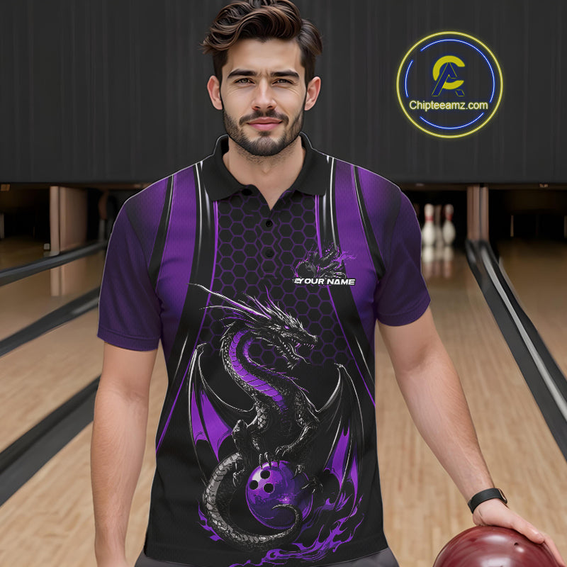 Custom Black And Purple Flame Dragon Bowling Jerseys, Dragon Bowling Team Men Polo Shirt IPHW9907