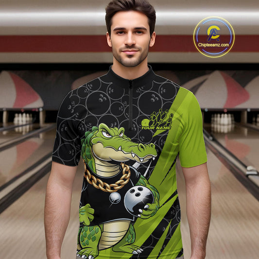 Custom Funny Alligator Bowling Men Quarter-Zip Shirt, Alligator Bowling Team Jerseys IPHW9919