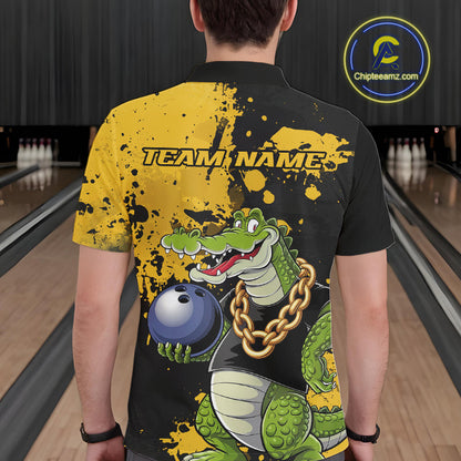 Custom Yellow Splatter Funny Alligator Bowling Men Polo Shirts, Bowling Team Shirts IPHW9920