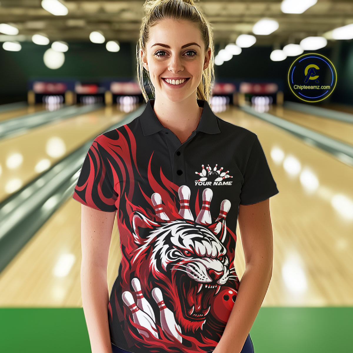 Custom Black And Red Tiger Women Bowling Jerseys, Tiger Bowling Team League Shirt IPHW10160