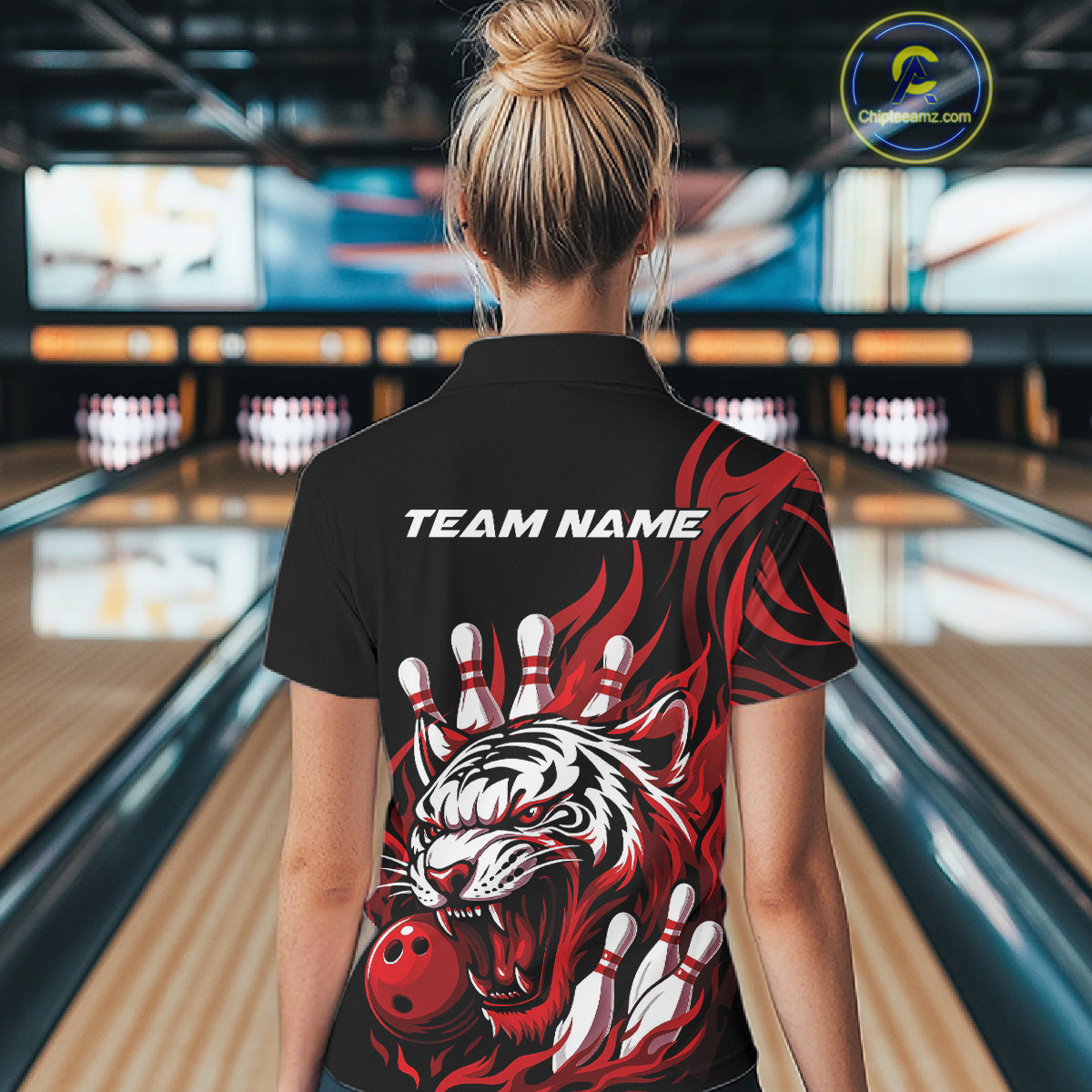 Custom Black And Red Tiger Women Bowling Jerseys, Tiger Bowling Team League Shirt IPHW10160