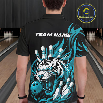 Custom Black And Blue Tiger Men Bowling Jerseys, Tiger Bowling Team League Shirt IPHW10161