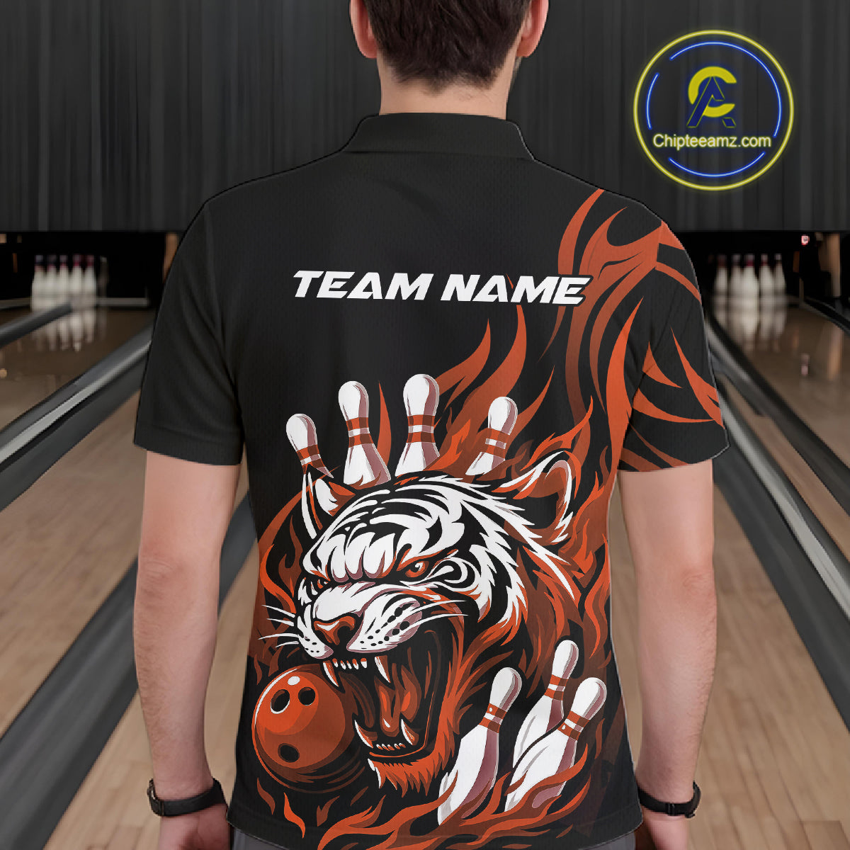 Custom Black And Orange Tiger Men Bowling Jerseys, Tiger Bowling Team League Shirt IPHW10162
