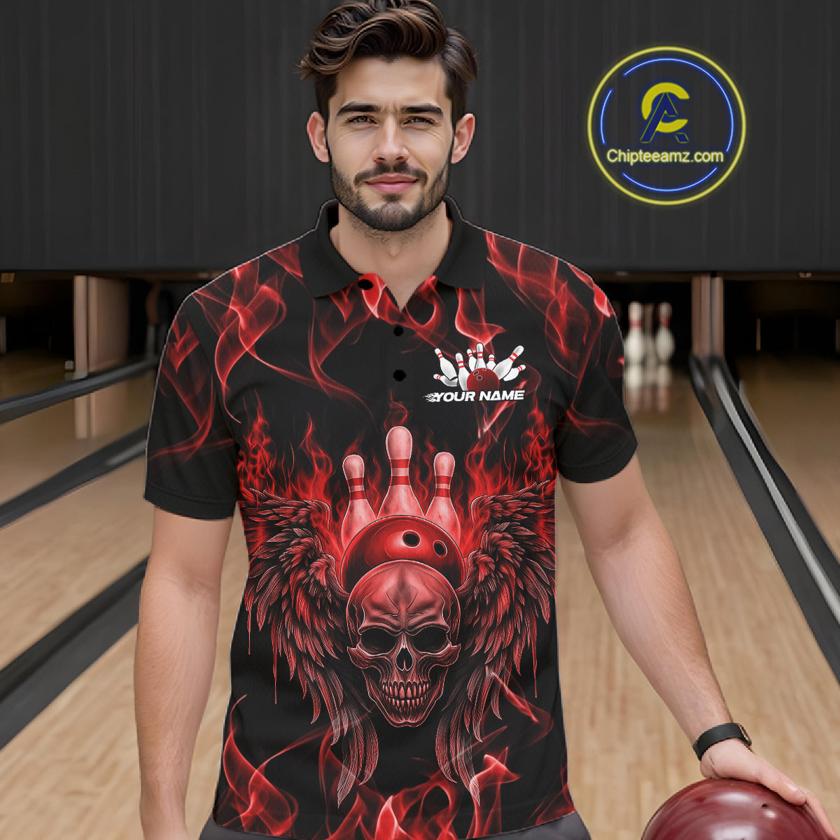 Custom Black And Red Flame Skull With Wings Men Bowling Shirt, Halloween Team Shirt IPHW10165