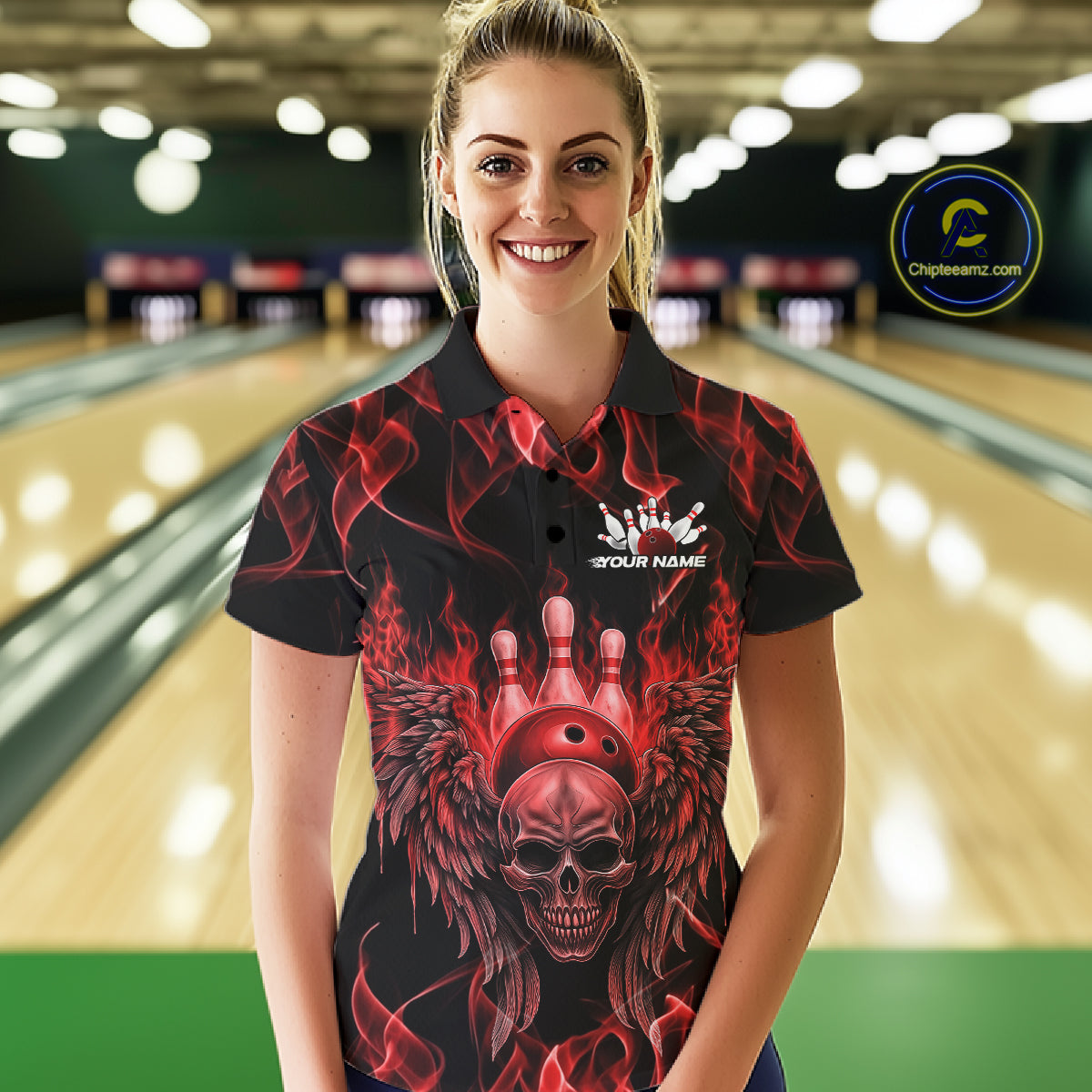 Custom Black And Red Flame Skull With Wings Women Bowling Shirt, Halloween Team Shirt IPHW10165