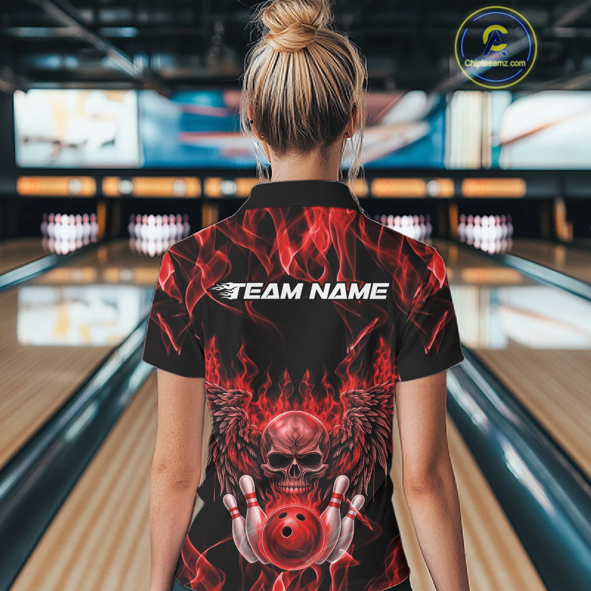 Custom Black And Red Flame Skull With Wings Women Bowling Shirt, Halloween Team Shirt IPHW10165