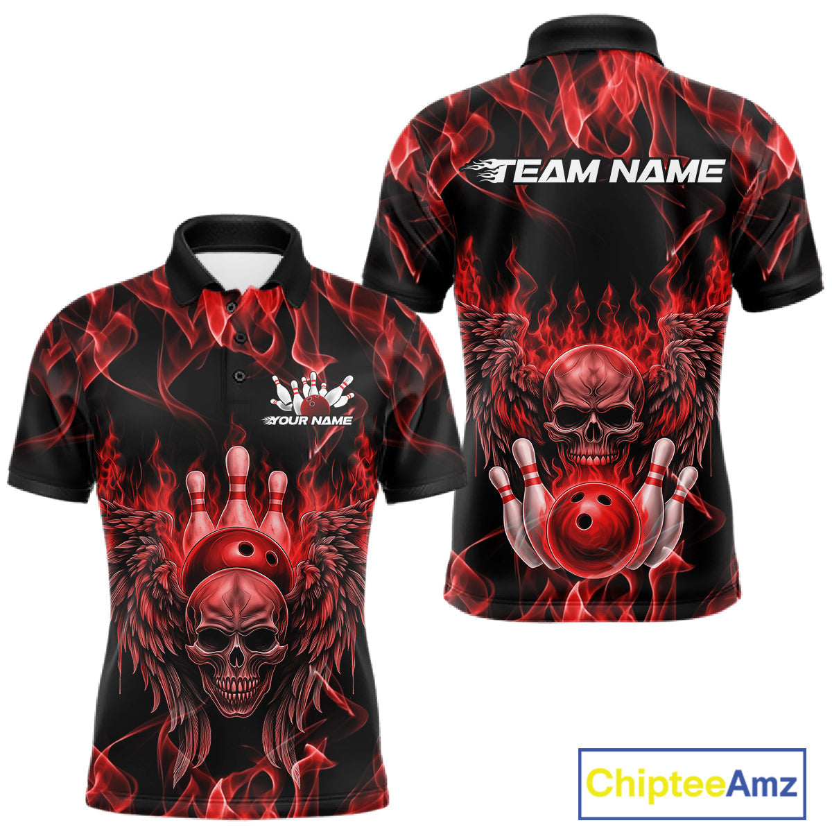 Custom Black And Red Flame Skull With Wings Men Bowling Shirt, Halloween Team Shirt IPHW10165