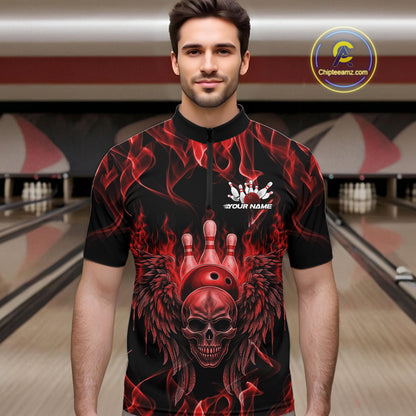 Custom Black And Red Flame Skull With Wings Men Bowling Shirt, Halloween Team Shirt IPHW10165
