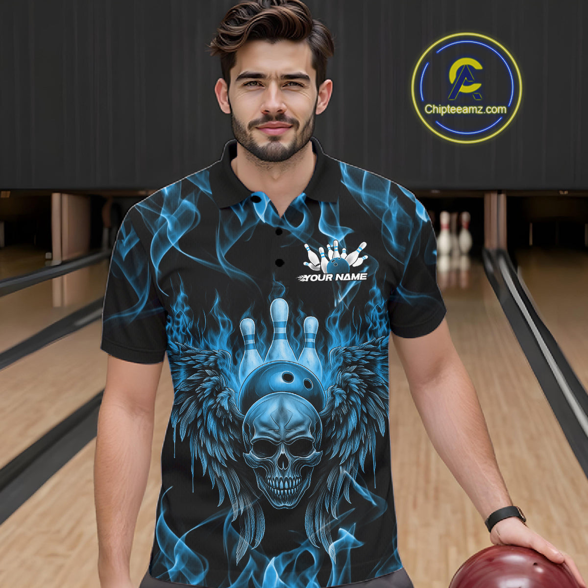 Custom Black And Blue Flame Skull With Wings Men Bowling Shirt, Halloween Team Shirt IPHW10166