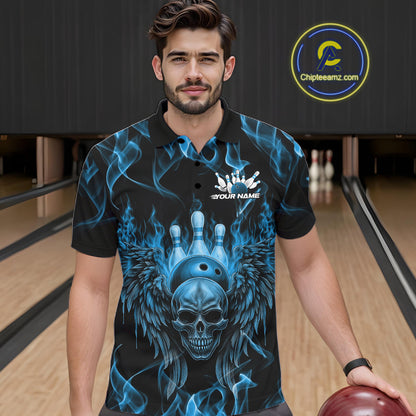 Custom Black And Blue Flame Skull With Wings Men Bowling Shirt, Halloween Team Shirt IPHW10166