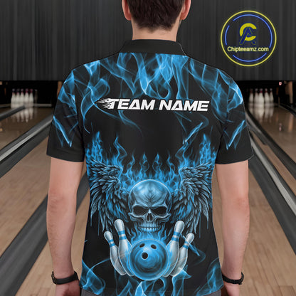 Custom Black And Blue Flame Skull With Wings Men Bowling Shirt, Halloween Team Shirt IPHW10166