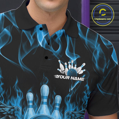 Custom Black And Blue Flame Skull With Wings Men Bowling Shirt, Halloween Team Shirt IPHW10166