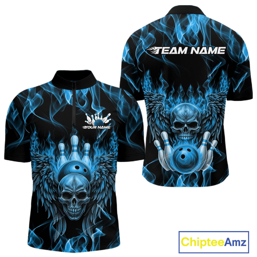 Custom Black And Blue Flame Skull With Wings Men Bowling Shirt, Halloween Team Shirt IPHW10166