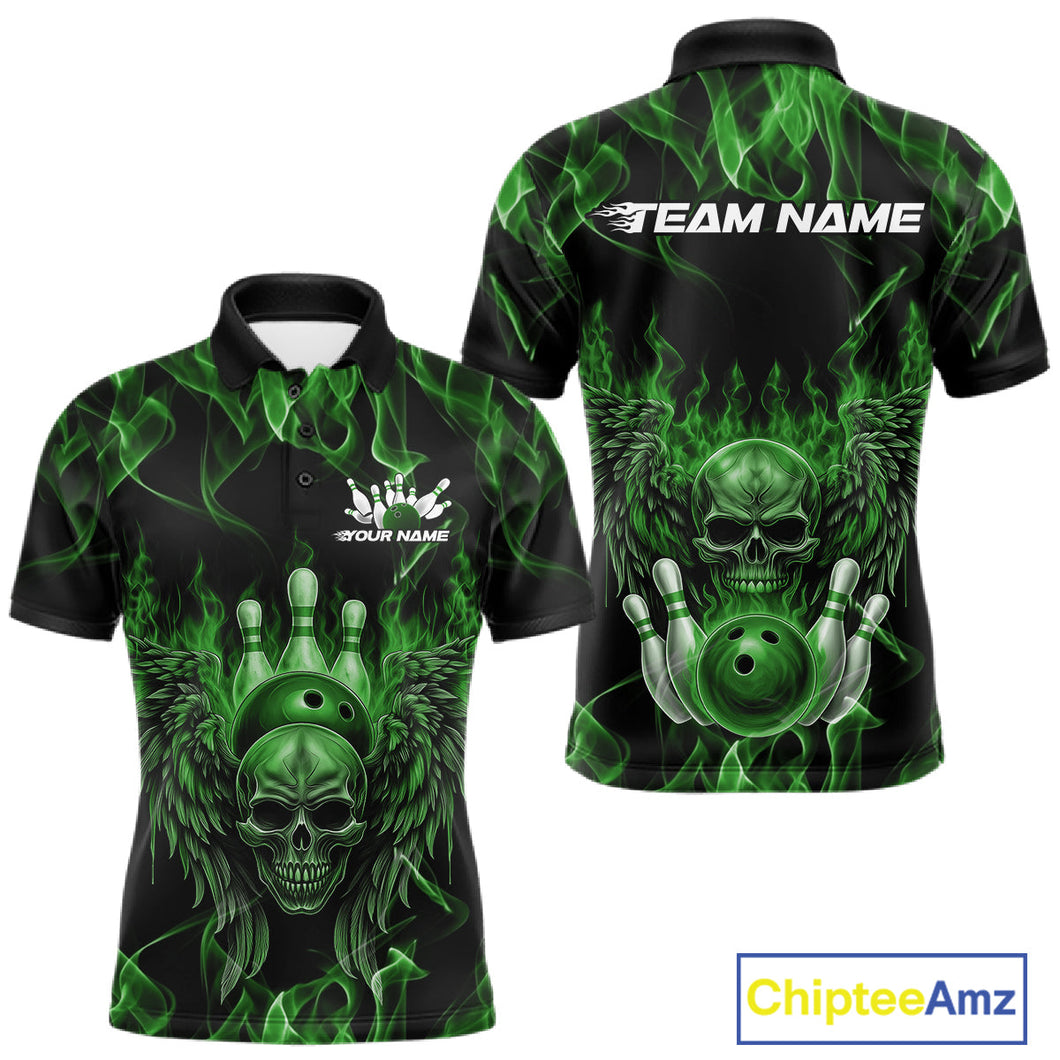 Custom Black And Green Flame Skull With Wings Men Bowling Shirt, Halloween Team Shirt IPHW10167