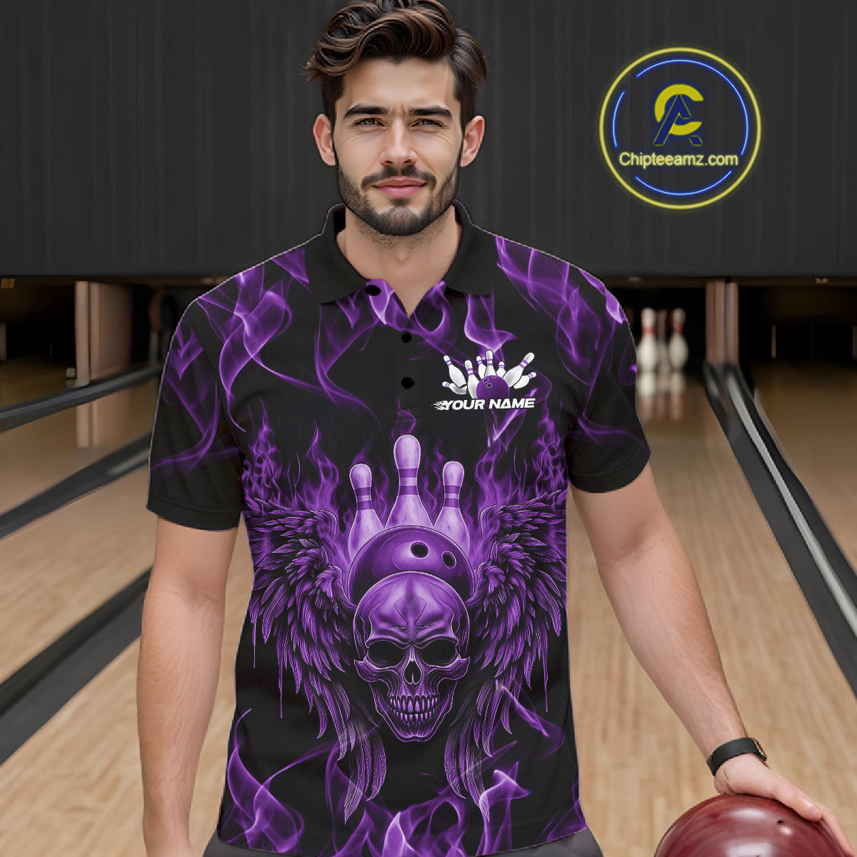 Custom Black And Purple Flame Skull With Wings Men Bowling Shirt, Halloween Team Shirt IPHW10168