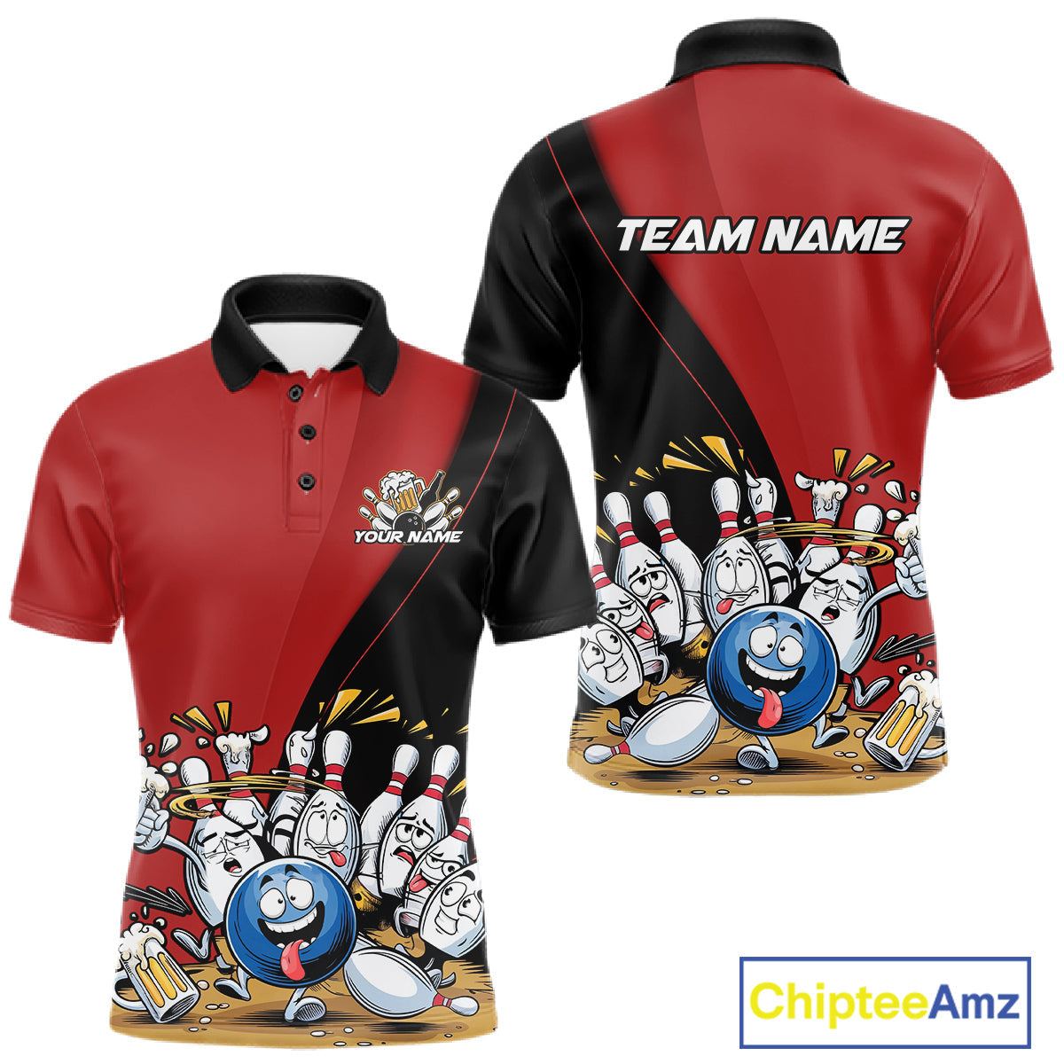 Custom Red Funny Bowling Men Polo Shirts, Bowling And Beer Party Bowlers Outfit IPHW10816