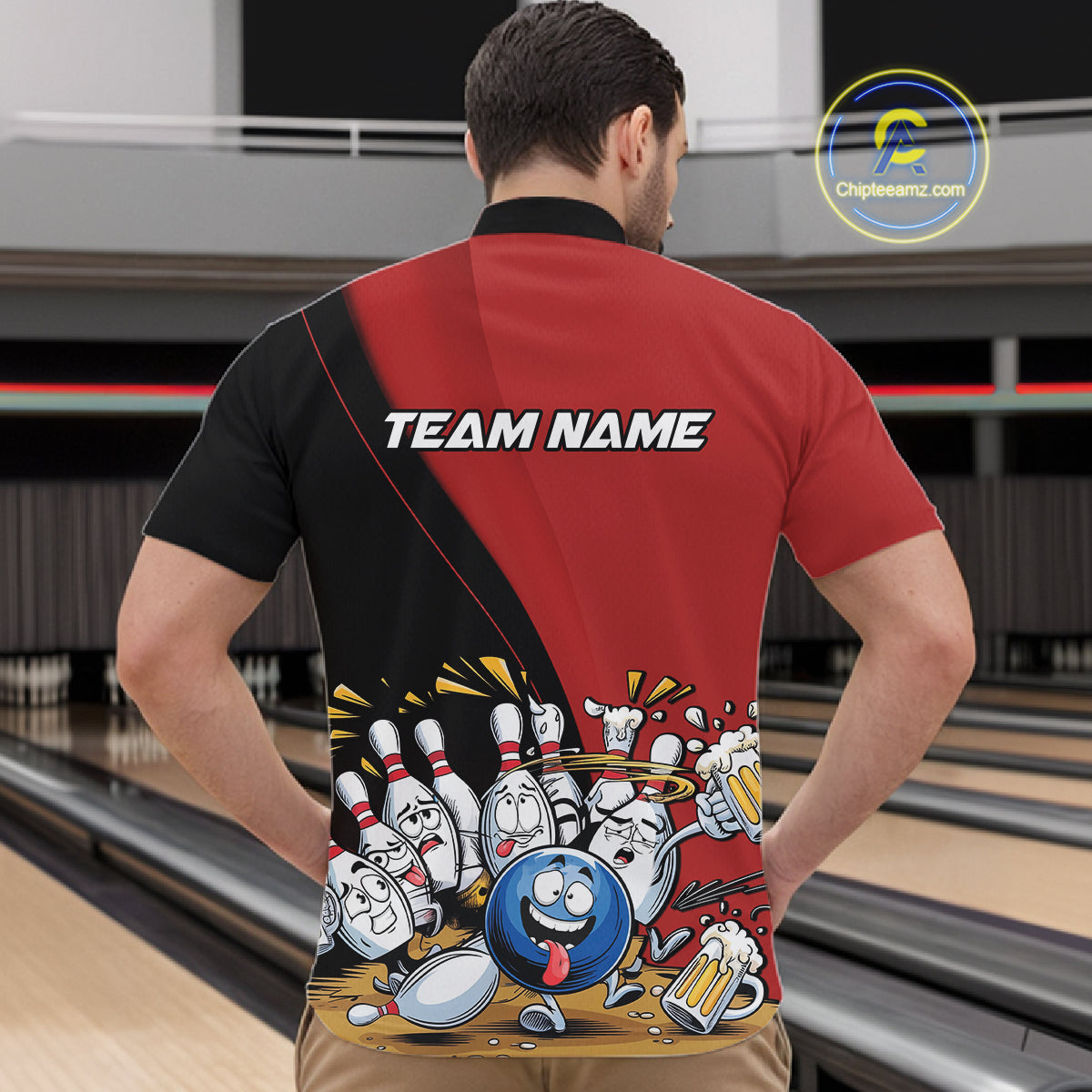 Custom Red Funny Bowling Men Quarter-Zip Shirts, Bowling And Beer Party Bowlers Outfit IPHW10816