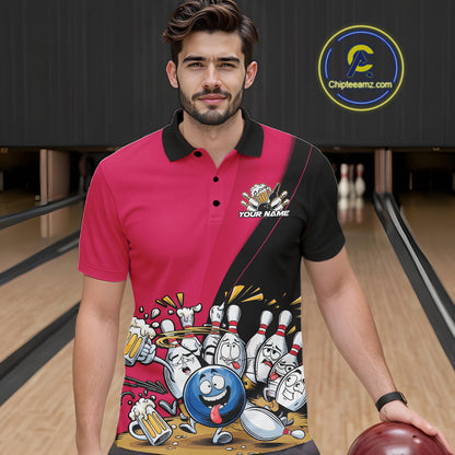 Custom Pink Funny Bowling Men Polo Shirts, Bowling And Beer Party Bowlers Outfit IPHW10817