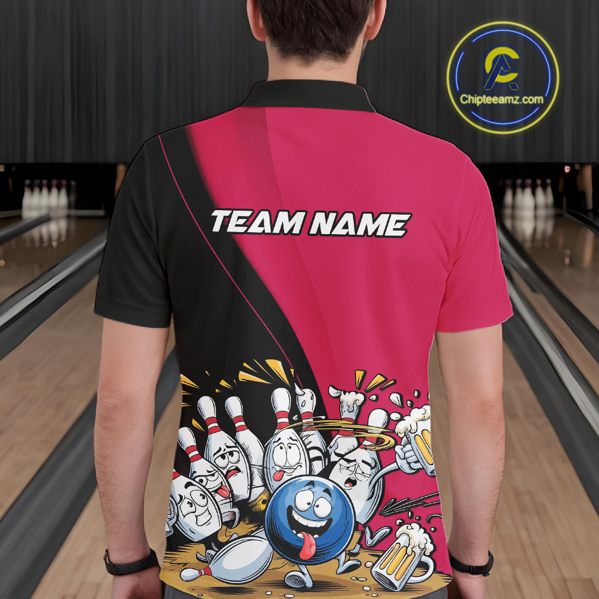 Custom Pink Funny Bowling Men Polo Shirts, Bowling And Beer Party Bowlers Outfit IPHW10817