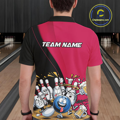 Custom Pink Funny Bowling Men Polo Shirts, Bowling And Beer Party Bowlers Outfit IPHW10817