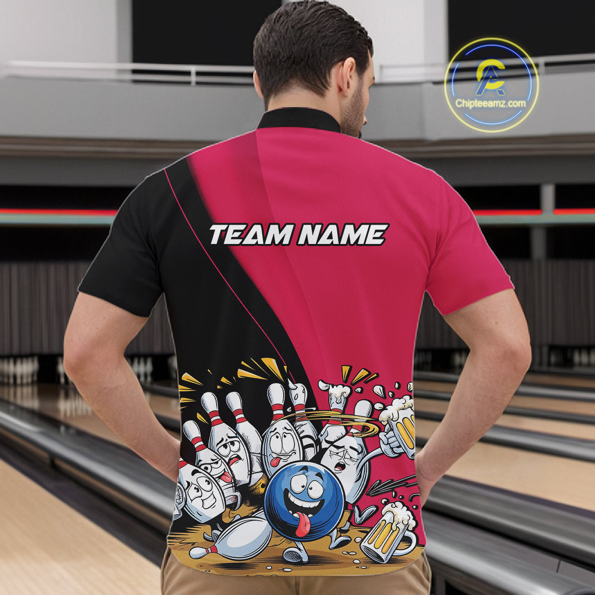 Custom Pink Funny Bowling Men Quarter-Zip Shirts, Bowling And Beer Party Bowlers Outfit IPHW10817