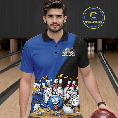 Custom Blue Funny Bowling Men Polo Shirts, Bowling And Beer Party Bowlers Outfit IPHW10818