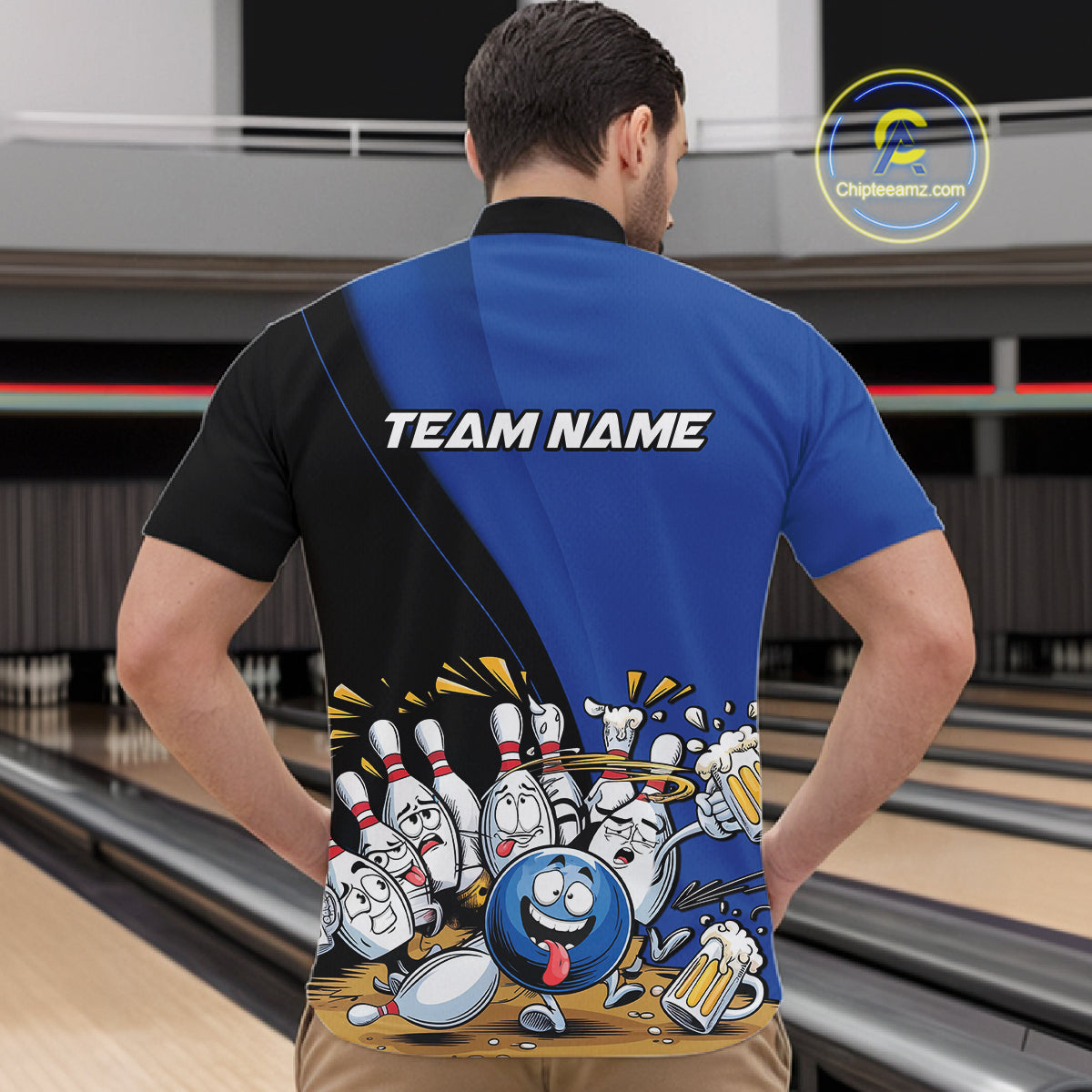 Custom Blue Funny Bowling Men Quarter-Zip Shirts, Bowling And Beer Party Bowlers Outfit IPHW10818