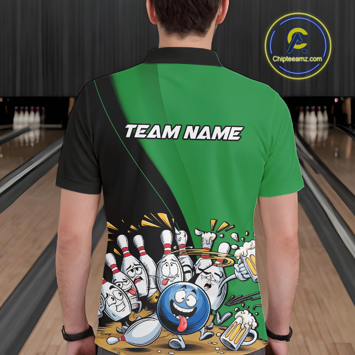 Custom Green Funny Bowling Men Polo Shirts, Bowling And Beer Party Bowlers Outfit IPHW10819