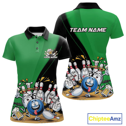 Custom Green Funny Bowling Women Polo Shirts, Bowling And Beer Party Bowlers Outfit IPHW10819