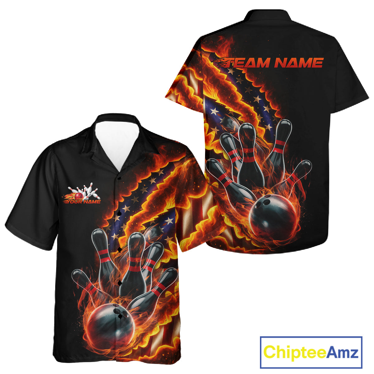 Custom Patriotic Flame Men And Women Bowling Team Shirt, US Flag Bowling League Team Shirt IPHW10193